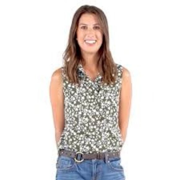 CAbi Olive Green Sleeveless Keepsake Pressed Floral Blouse Small - Picture 1 of 6